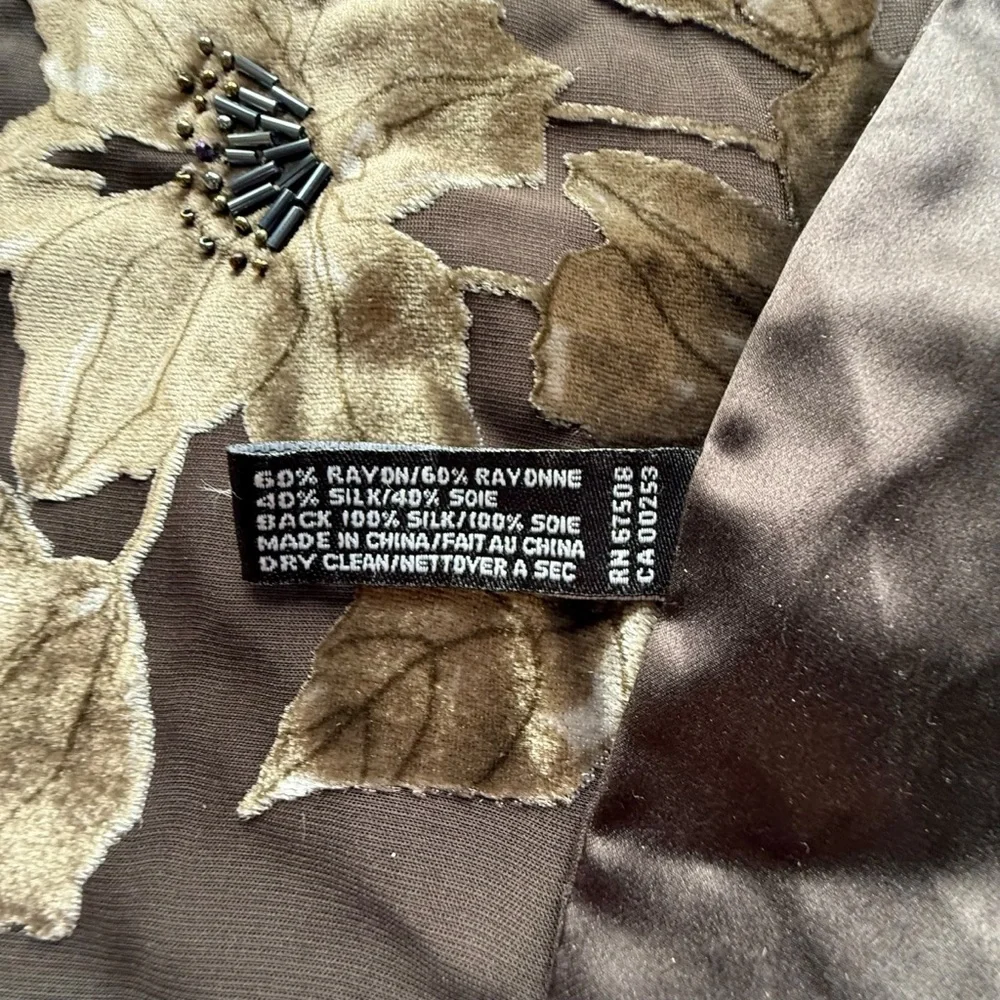 Ellen Tracy Brown Silk Velvet Beaded Floral‎ Embroidered Scarf